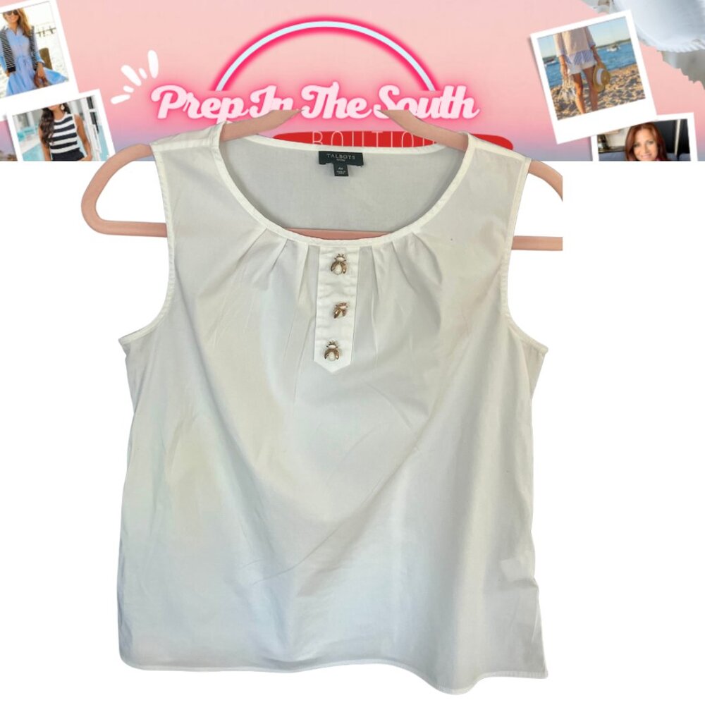 Vintage Talbots White Cotton tank Top | Bumble Bee Buttons | Size 4P | Spring